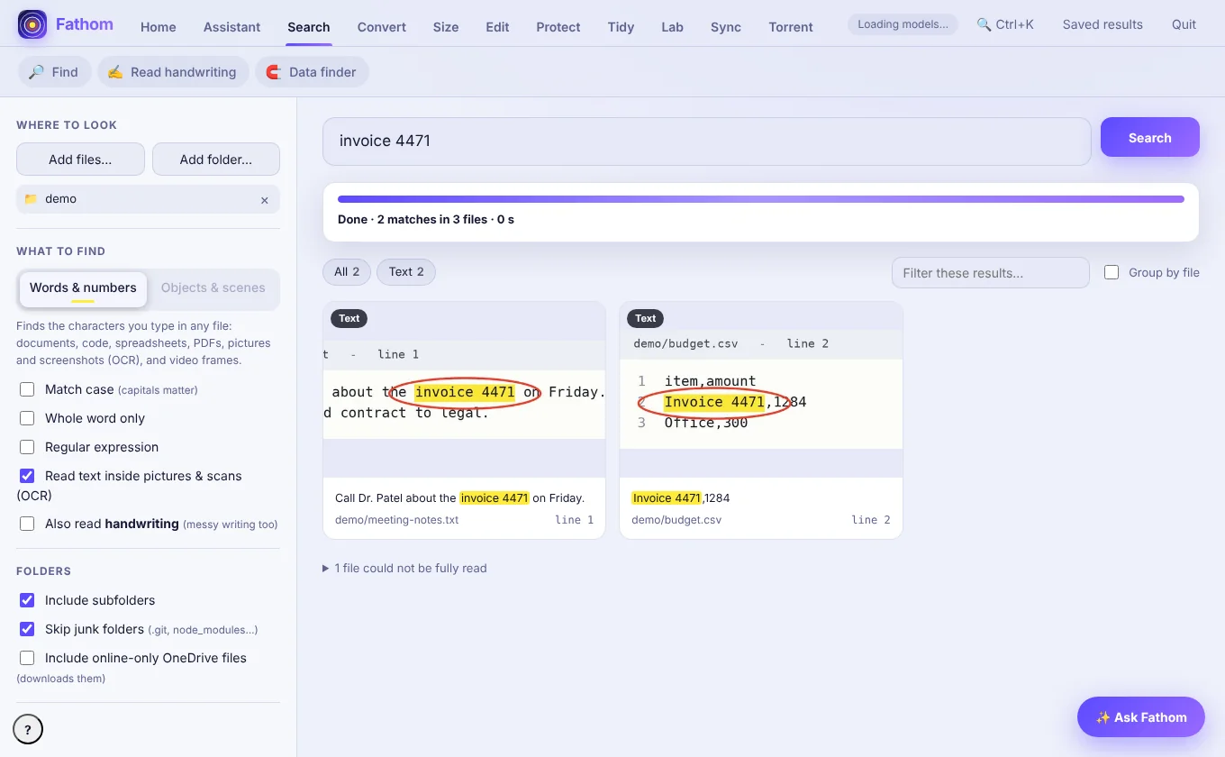 Fathom search results: two matches for invoice 4471, highlighted and circled on proof pictures