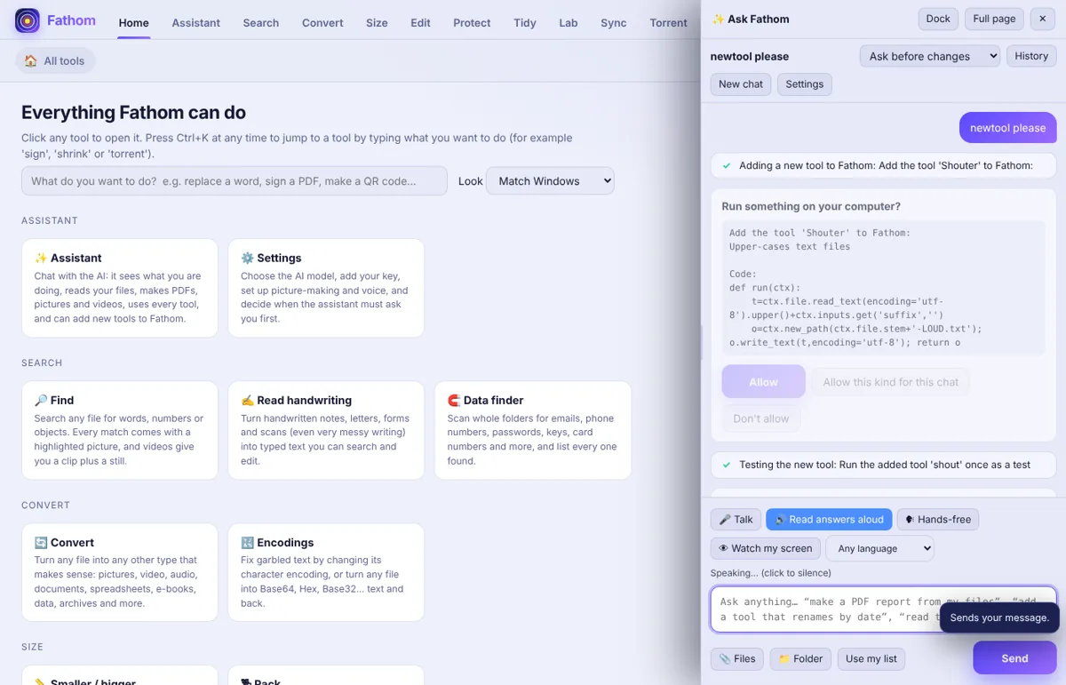 Fathom assistant building a new tool