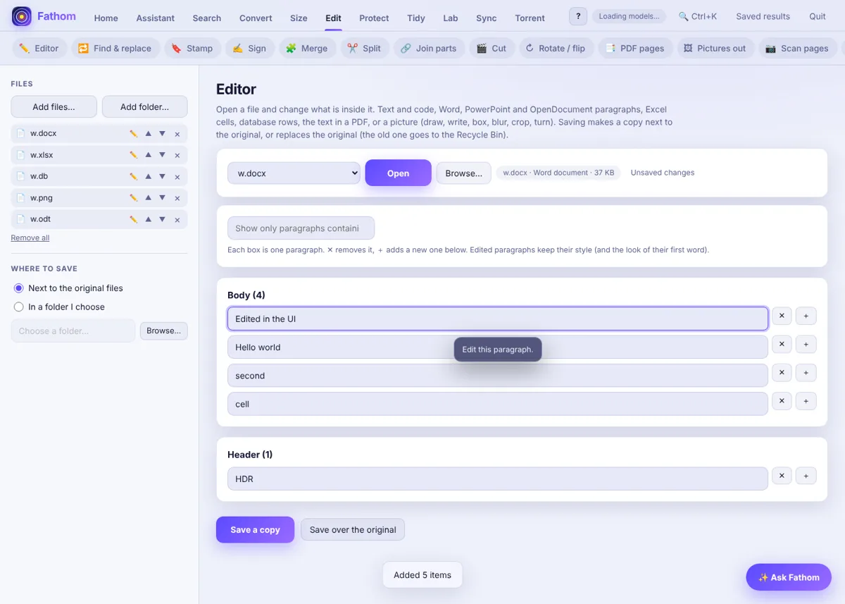 Fathom editor for Word documents