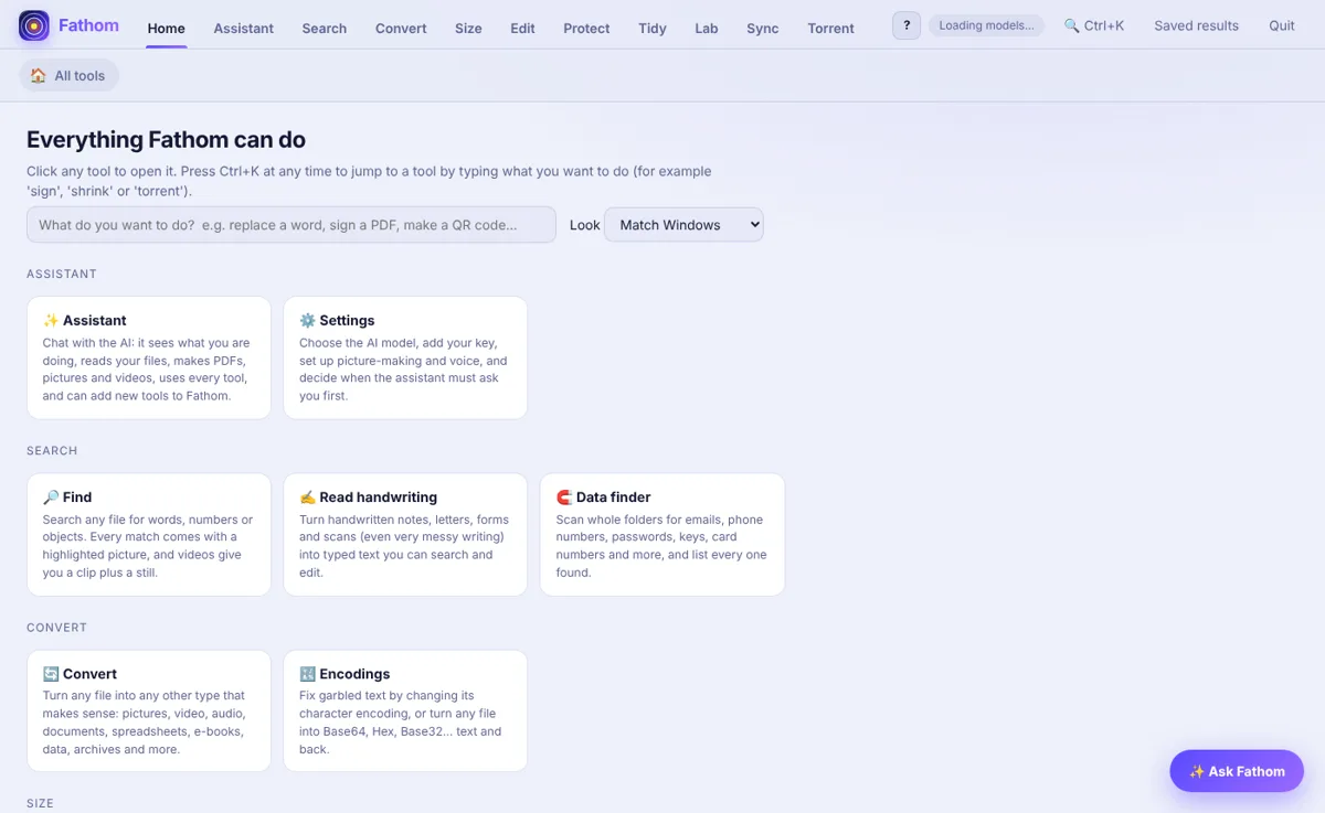 Fathom home screen listing every tool